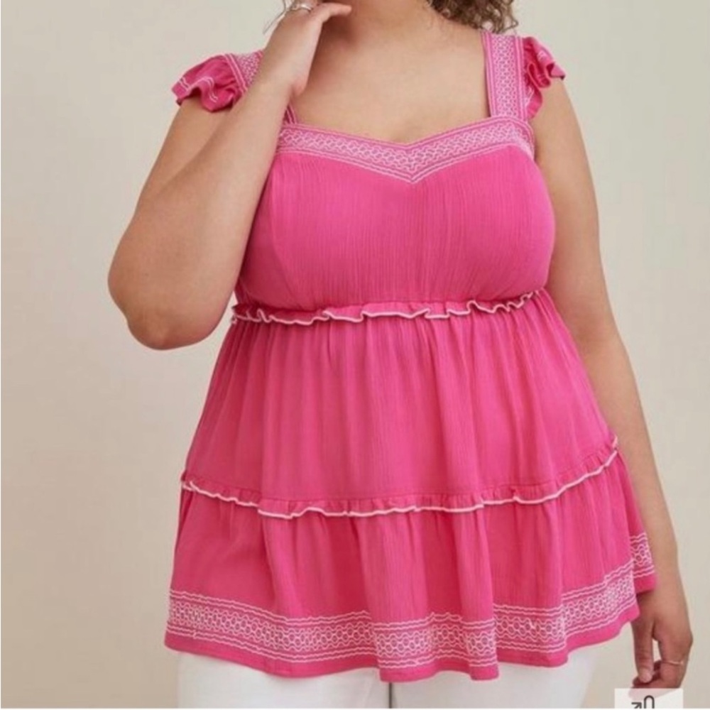 Torrid hot pink embroidered washable gauze babydoll top Size 1 (1X 14/16)